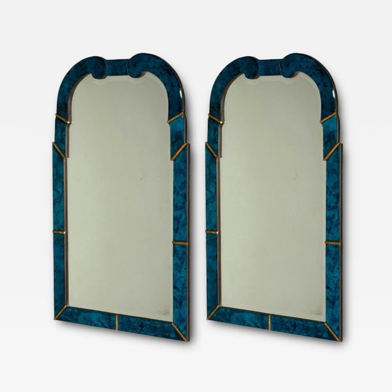 Queen Anne Style, Blue Antiqued Beveled Glass, Venetian Wall Mirrors, 21st C.: Title: Queen Anne Style, Blue Antiqued Beveled Glass, Venetian Wall Mirrors, 21st C. Description: Queen Anne Style, Blue Antiqued Beveled Glass, Venetian Wall Mirrors, 21st C. A fine pair of