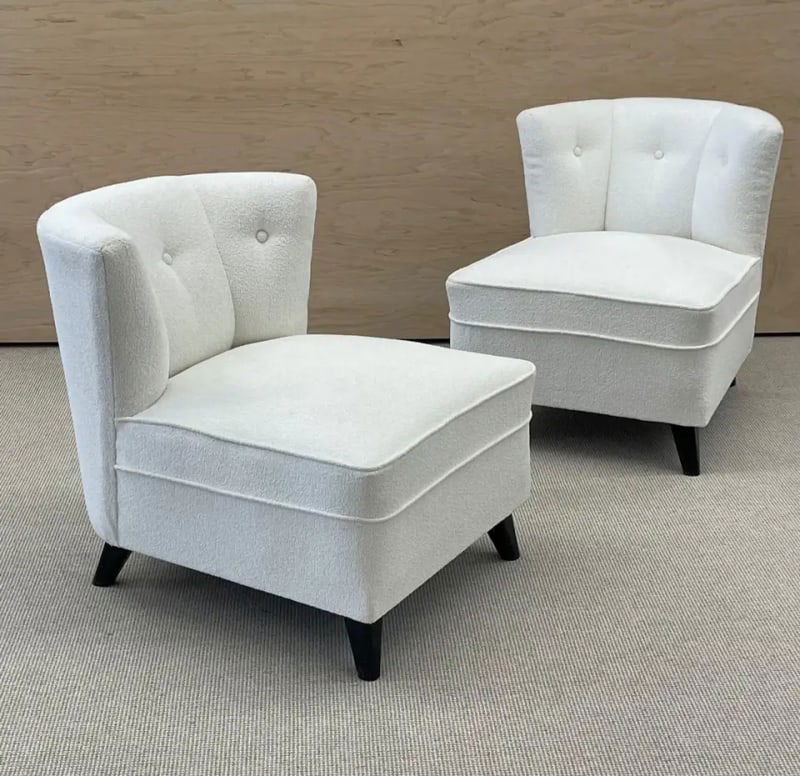 Pair Mid-Century Modern Slipper/Lounge Chairs, American, Bouclé, Pair Low Profie - 2