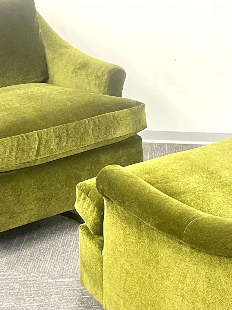 Pair Mid-Century Modern Swivel Arm, Lounge Chairs, Olive Green Velvet, American - 4
