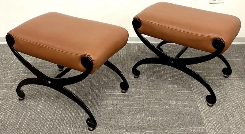 Pair of Metal x Form Benches, Footstools, Ottomans, Leather Seats, Rustic - 7