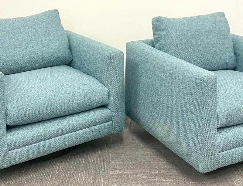 Pair Teal Milo Baughman Style Mid-Century Modern Lounge Chairs, Swivel, Square - 12