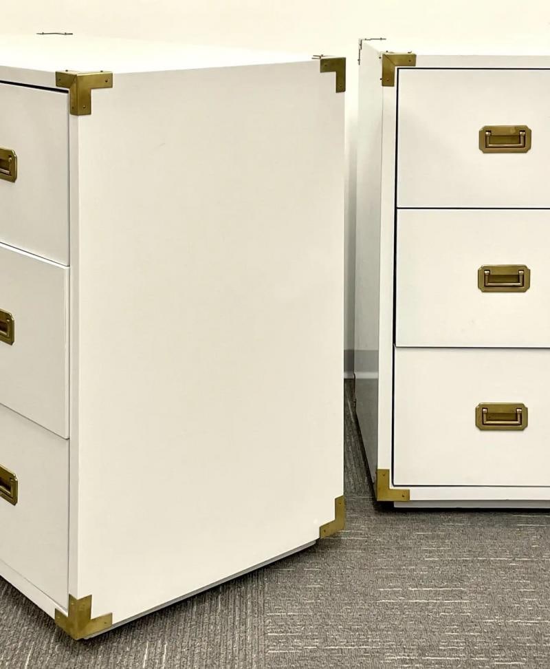 Pair Hollywood Regency Campaign Cabinets, Commodes, Nightstands, White Lacquer - 11