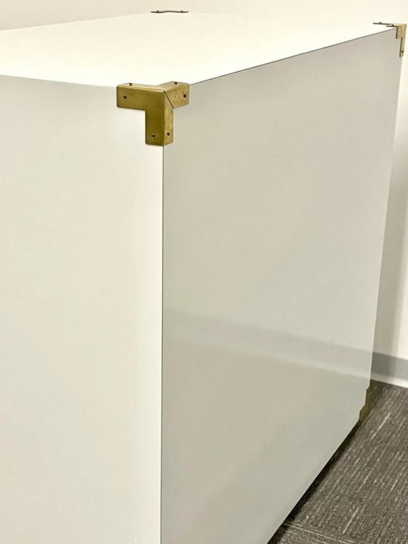 Pair Hollywood Regency Campaign Cabinets, Commodes, Nightstands, White Lacquer - 12