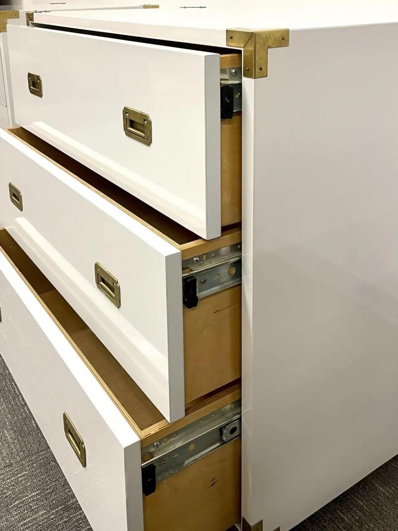 Pair Hollywood Regency Campaign Cabinets, Commodes, Nightstands, White Lacquer - 6