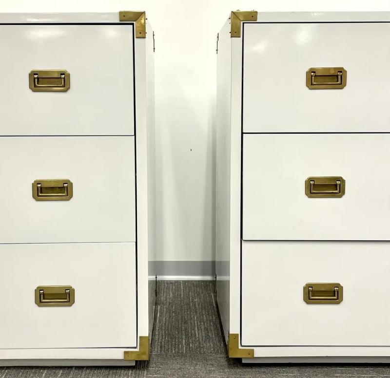 Pair Hollywood Regency Campaign Cabinets, Commodes, Nightstands, White Lacquer - 8