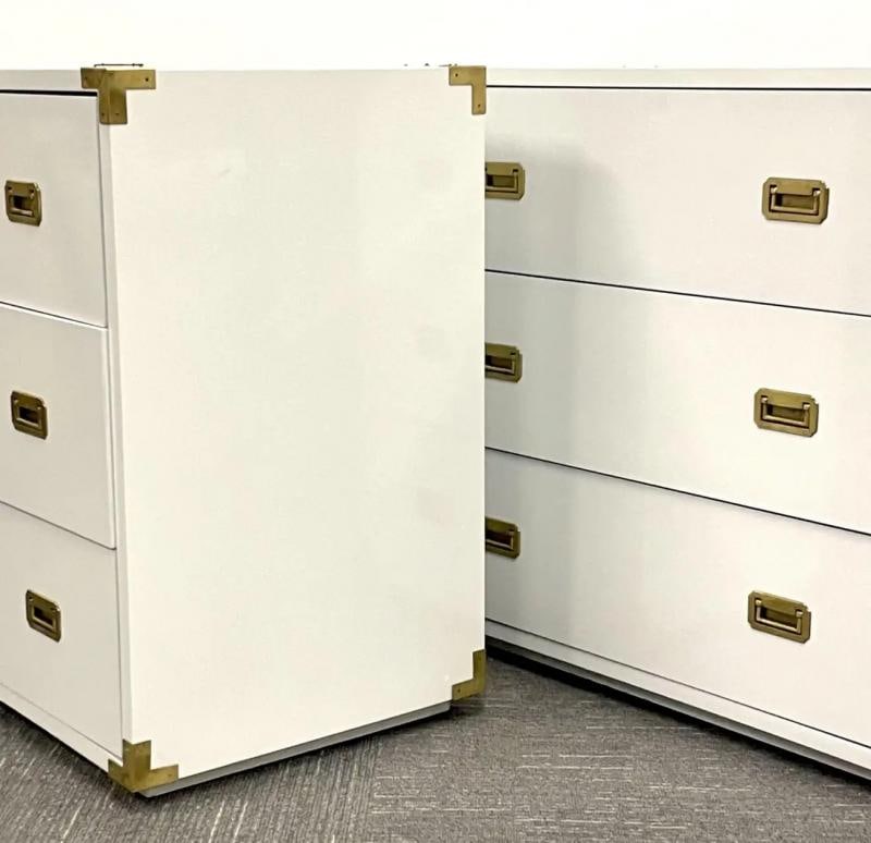 Pair Hollywood Regency Campaign Cabinets, Commodes, Nightstands, White Lacquer - 9