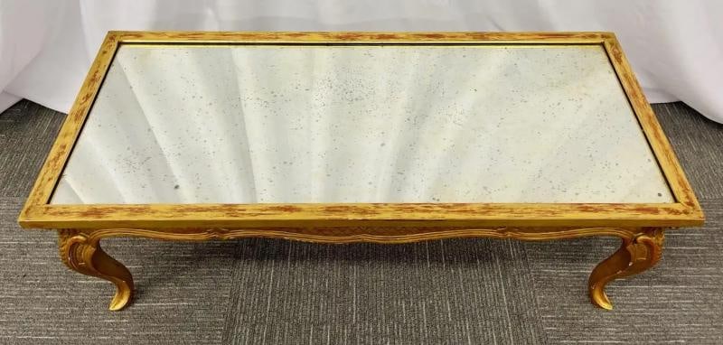 Petite Hollywood Regency Style Coffee Table, Giltwood Base, Antiqued Mirror Top - 9