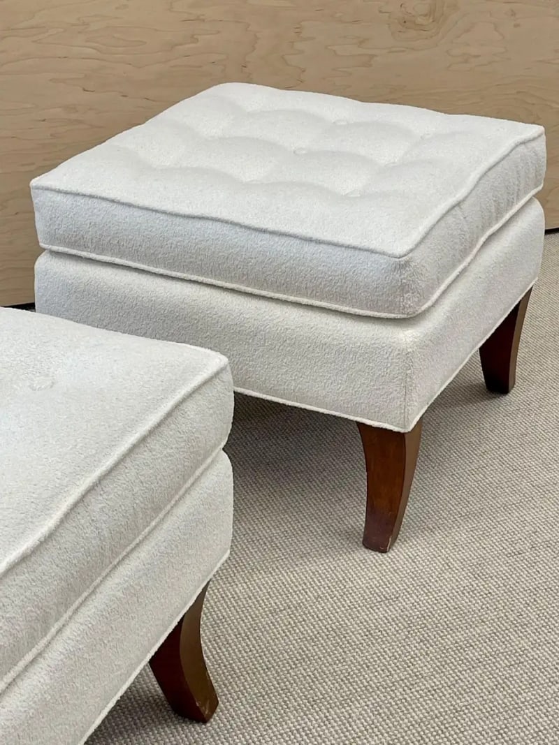 Mid-Century Modern American Designer Tufted Ottomans, Stools, Walnut, Bouclé - 5