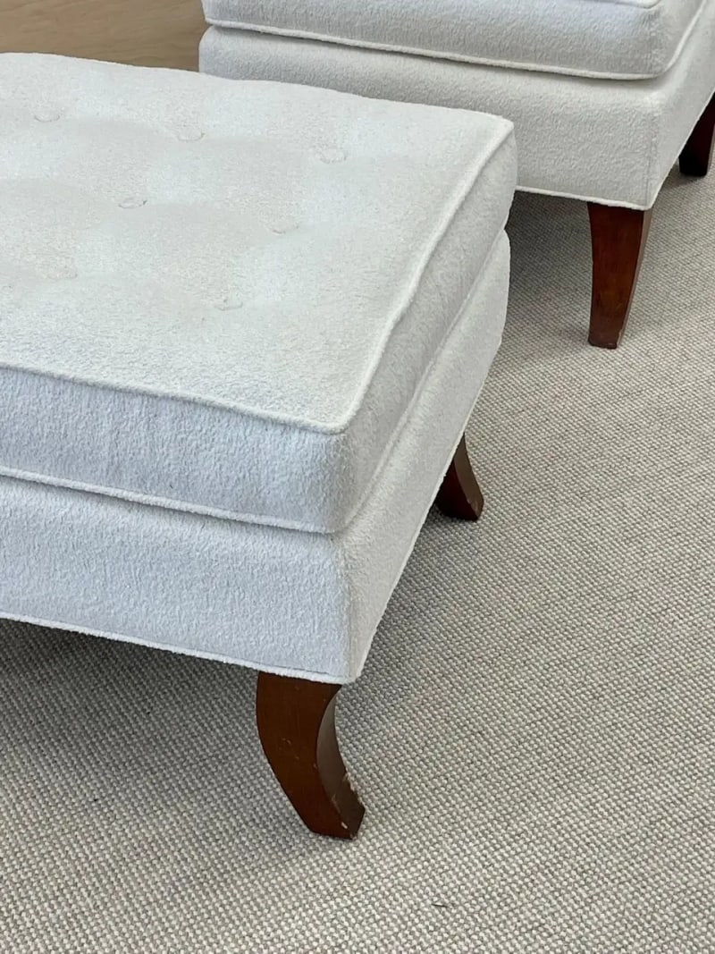 Mid-Century Modern American Designer Tufted Ottomans, Stools, Walnut, Bouclé - 6
