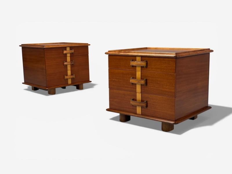 Paul Frankl, Rare Nightstands, Mahogany, Rock Maple, Brass, Leather, USA, 1950s - 2