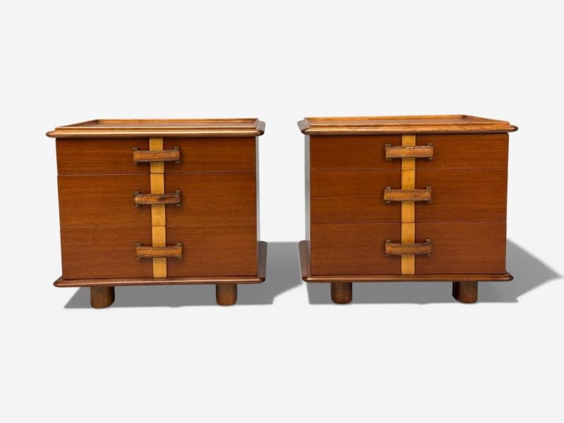 Paul Frankl, Rare Nightstands, Mahogany, Rock Maple, Brass, Leather, USA, 1950s - 7