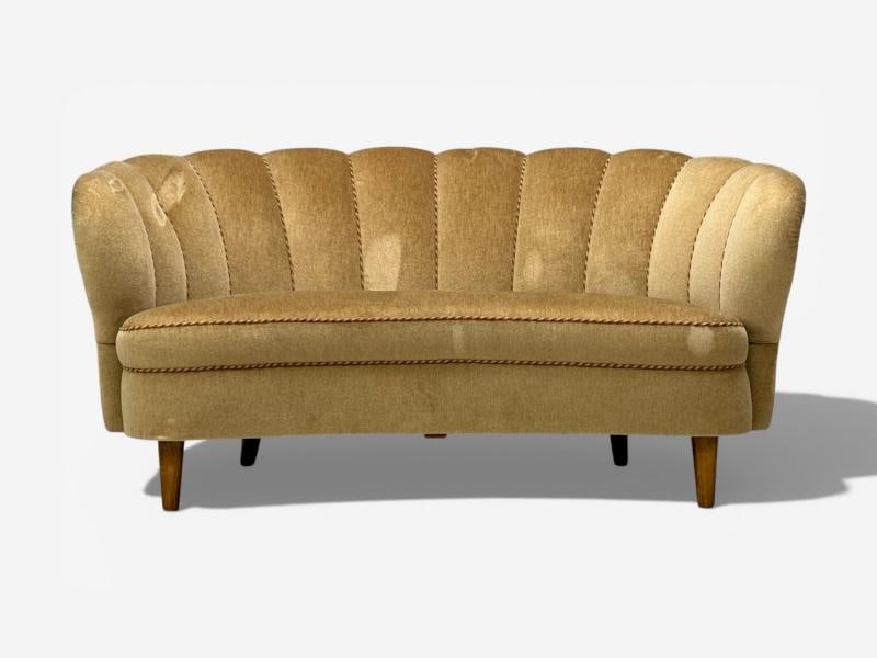 Finnish Modern, Settee, Beige Velvet, Wood, Finland, 1950s - 2