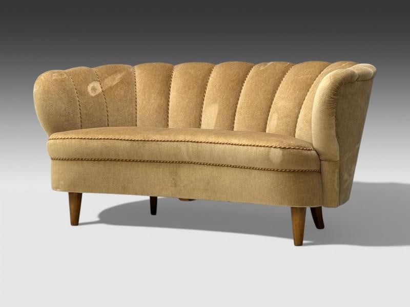 Finnish Modern, Settee, Beige Velvet, Wood, Finland, 1950s - 3