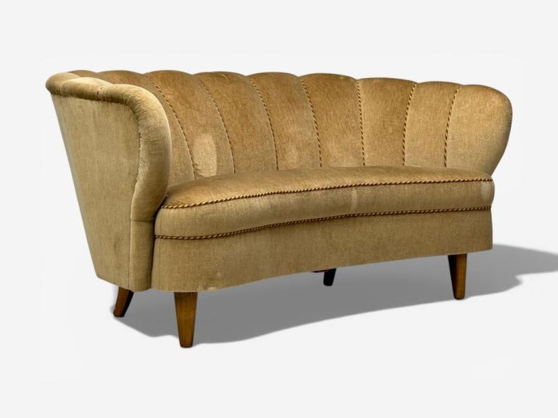 Finnish Modern, Settee, Beige Velvet, Wood, Finland, 1950s - 4