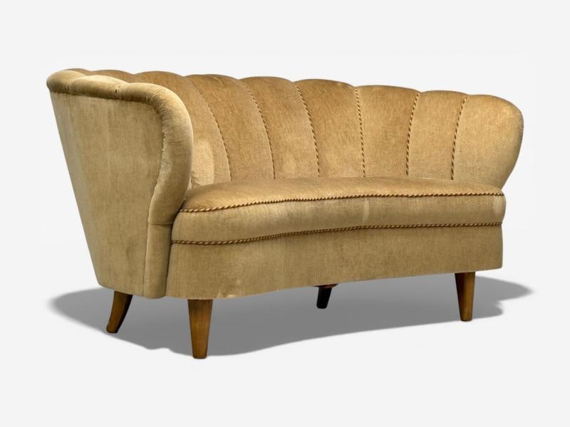 Finnish Modern, Settee, Beige Velvet, Wood, Finland, 1950s - 6