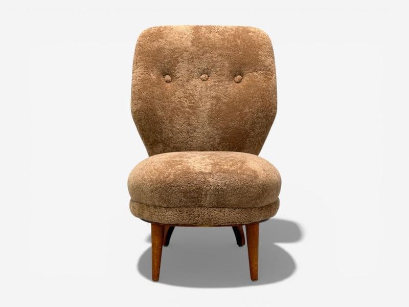 Swedish Modern, Slipper Chair, Brown Sheepskin, Birch, Sweden, 1950s - 2