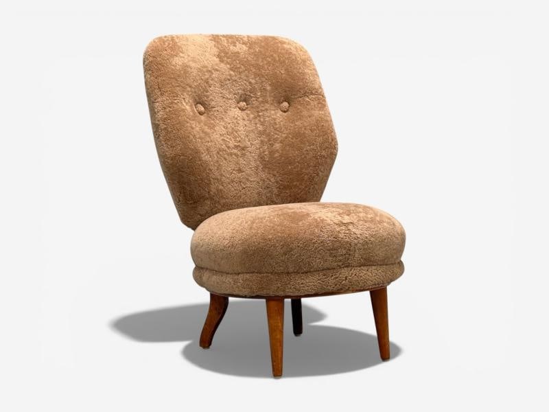 Swedish Modern, Slipper Chair, Brown Sheepskin, Birch, Sweden, 1950s - 4