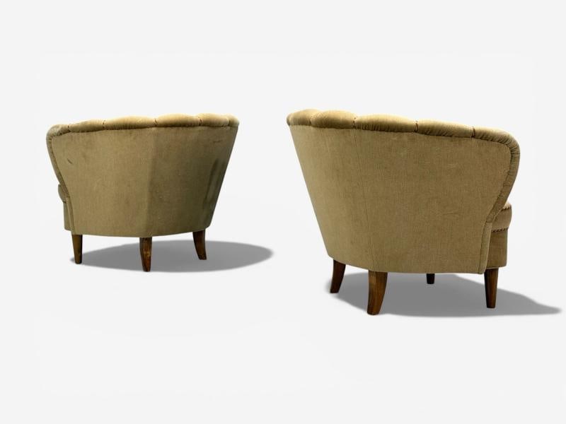 Finnish Modern, Lounge Chairs, Beige Velvet, Wood, Finland, 1950s - 7