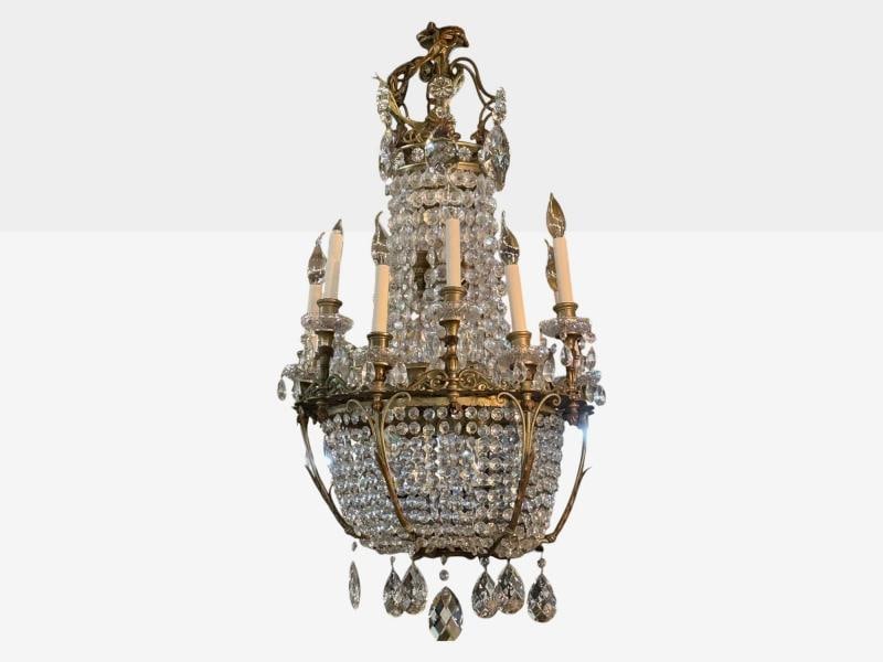 French Empire, Thirteen Light Basket Chandelier, Bronze, Crystal, France, 19th C - 2