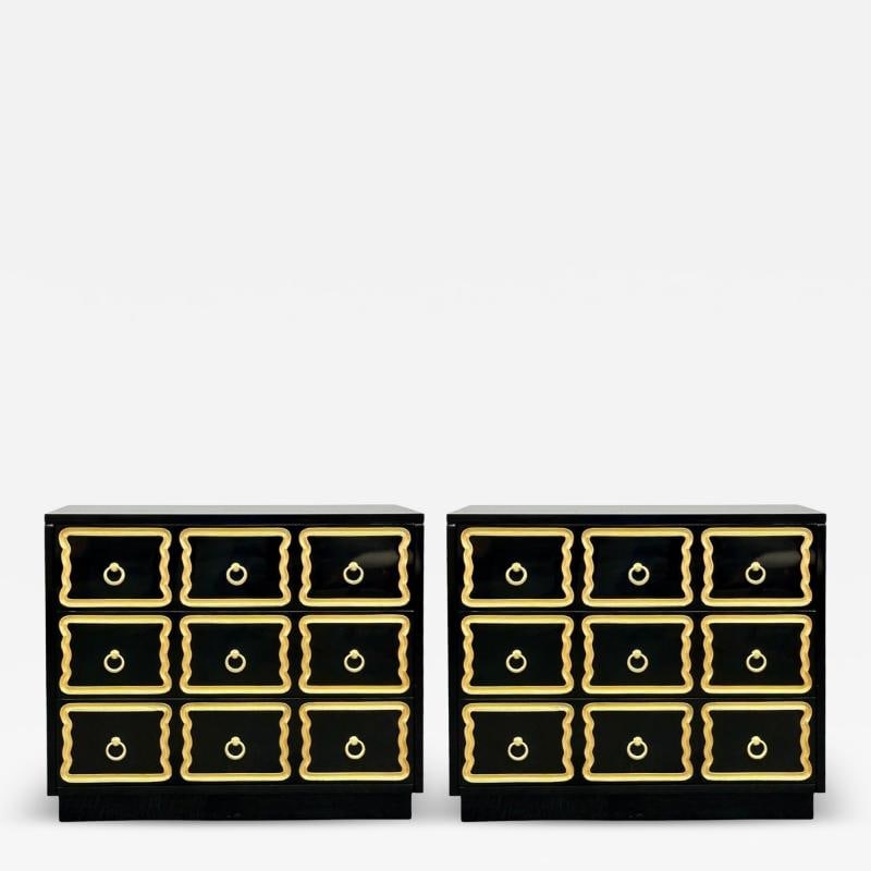 Dorothy Draper Style, Hollywood Regency, Black Lacquer, Gilt, Brass, Commodes: Title: Dorothy Draper Style, Hollywood Regency, Black Lacquer, Gilt, Brass, Commodes Description: Dorothy Draper Style, Hollywood Regency, Commodes, Black Lacquer, Gold Gilt, Brass A pair of newly