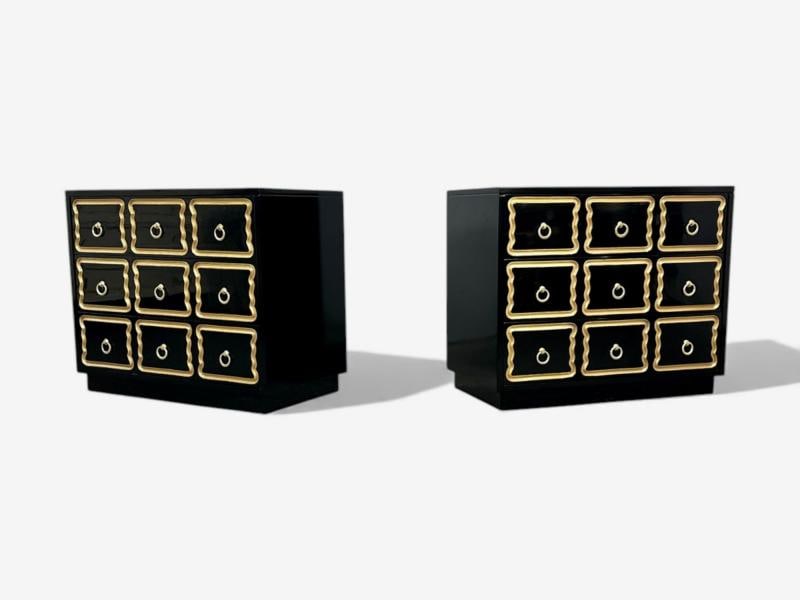 Dorothy Draper Style, Hollywood Regency, Black Lacquer, Gilt, Brass, Commodes - 5