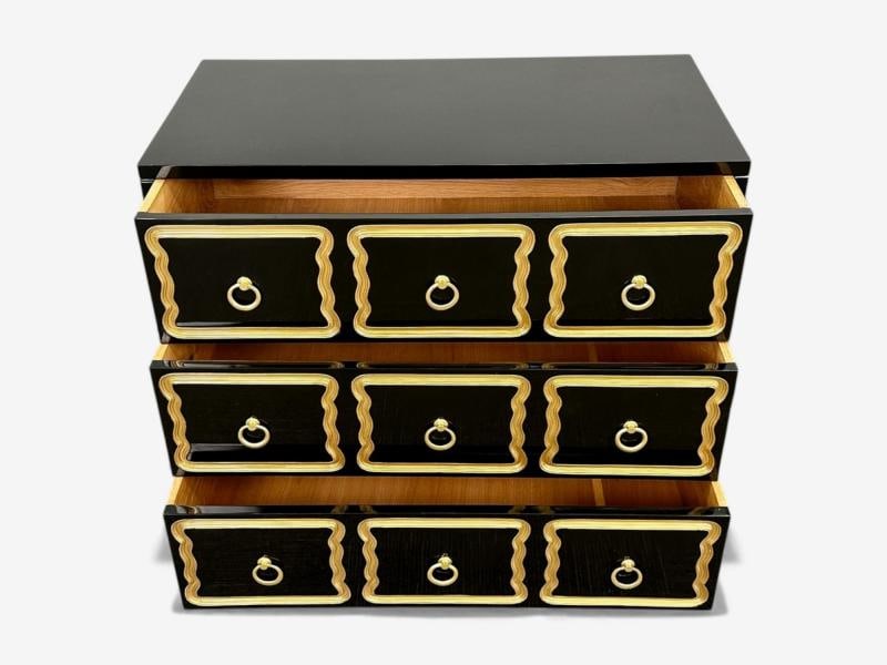 Dorothy Draper Style, Hollywood Regency, Black Lacquer, Gilt, Brass, Commodes - 7
