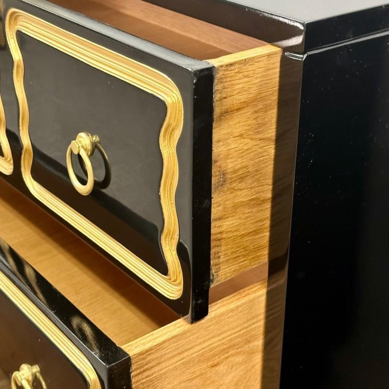 Dorothy Draper Style, Hollywood Regency, Black Lacquer, Gilt, Brass, Commodes - 9