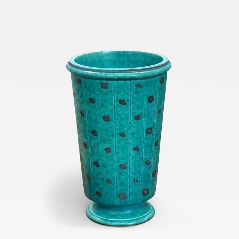 Wilhelm Kage, Green Ceramic, Argenta Vase, Sweden, 1930s: Title: Wilhelm Kage, Green Ceramic, Argenta Vase, Sweden, 1930s Description: Wilhelm Kage, Swedish Mid-Century Modern, Green Ceramic, "Argenta" Vase or Vessel, Sweden, 1930s A unique ceramic vase embe