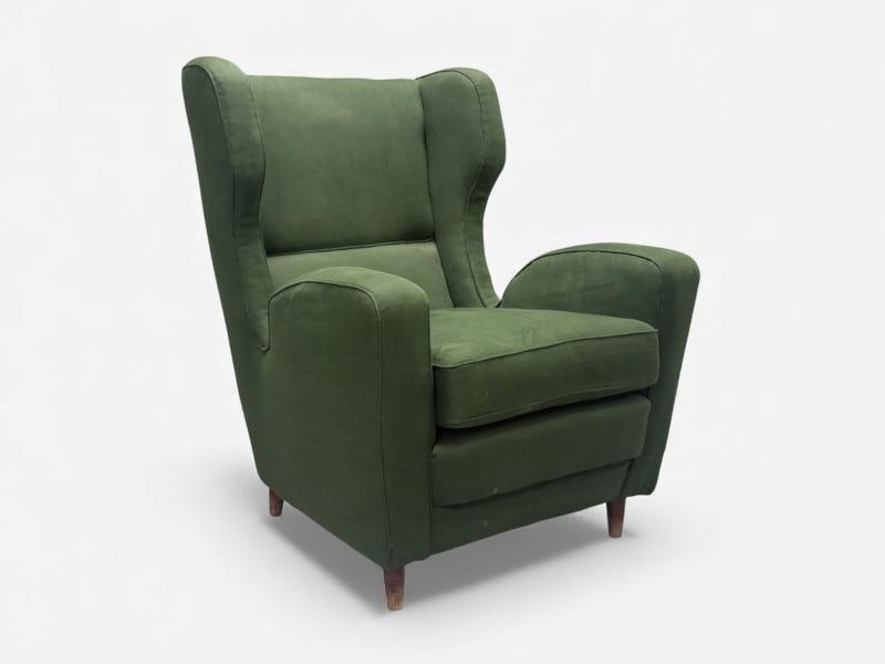 Melchiorre Bega attr., Dark Green Fabric, Wood, Lounge Chair, Italy, 1950s - 2