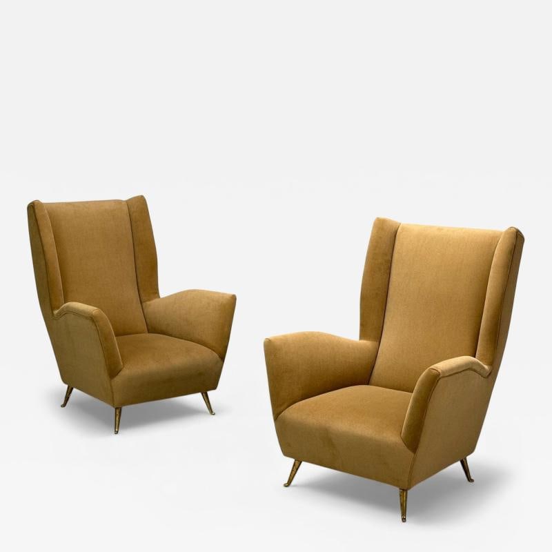 ISA Bergamo, Camel Velvet, Bronze, Wingback Chairs, Italy, 1950s (1 of 12)