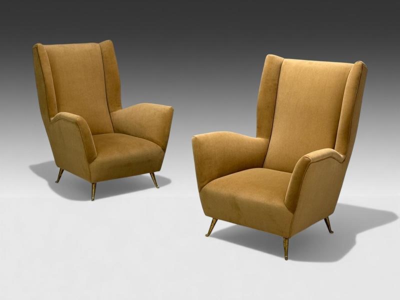 ISA Bergamo, Camel Velvet, Bronze, Wingback Chairs, Italy, 1950s - 3