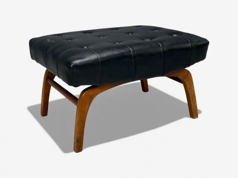 Danish Modern, Black Leatherette, Stained Wood, Footstool, Denmark, 1950s - 3