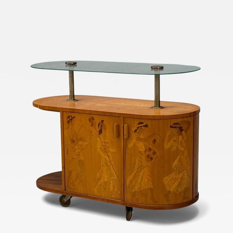 Erik Mattsson, Art Deco, Marquetry, Glass, Rare Bar Cart, Sweden c. 1939: Title: Erik Mattsson, Art Deco, Marquetry, Glass, Rare Bar Cart, Sweden c. 1939 Description: Erik Mattsson, Mjölby Intarsia, Marquetry, Glass, Rare "Festtåget" Bar Cart or Rolling Trolley, S