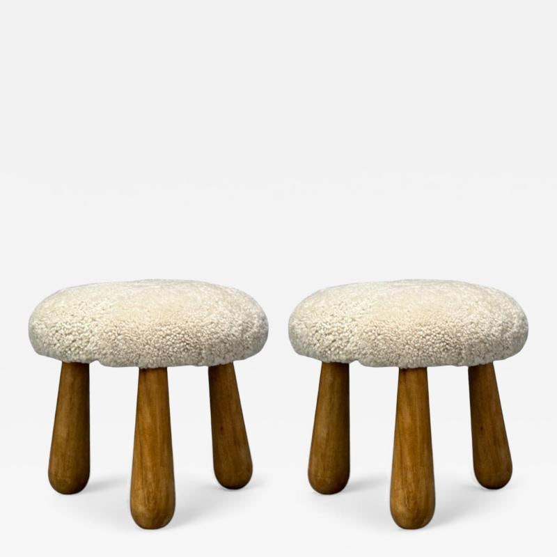 Danish Modern Style, Sheepskin Stools, Beige Shearling, Maple, USA, 21st c.: Title: Danish Modern Style, Sheepskin Stools, Beige Shearling, Maple, USA, 21st c. Description: Danish Mid-Century Modern Style, Sheepskin Footstools or Ottomans, Beige Shearling, Maple, USA, 21st c.