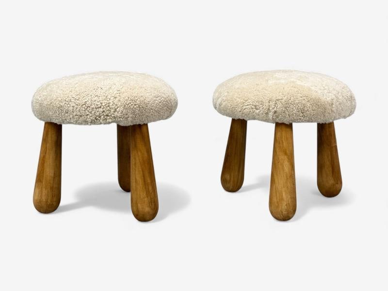 Danish Modern Style, Sheepskin Stools, Beige Shearling, Maple, USA, 21st c. - 3