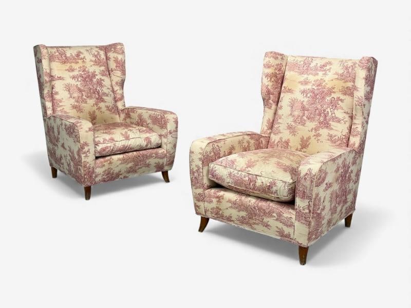 Italian Modern, Ashwood, Fabric, Large Wingback Chairs, Italy, 1950s - 2