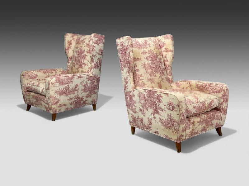 Italian Modern, Ashwood, Fabric, Large Wingback Chairs, Italy, 1950s - 4