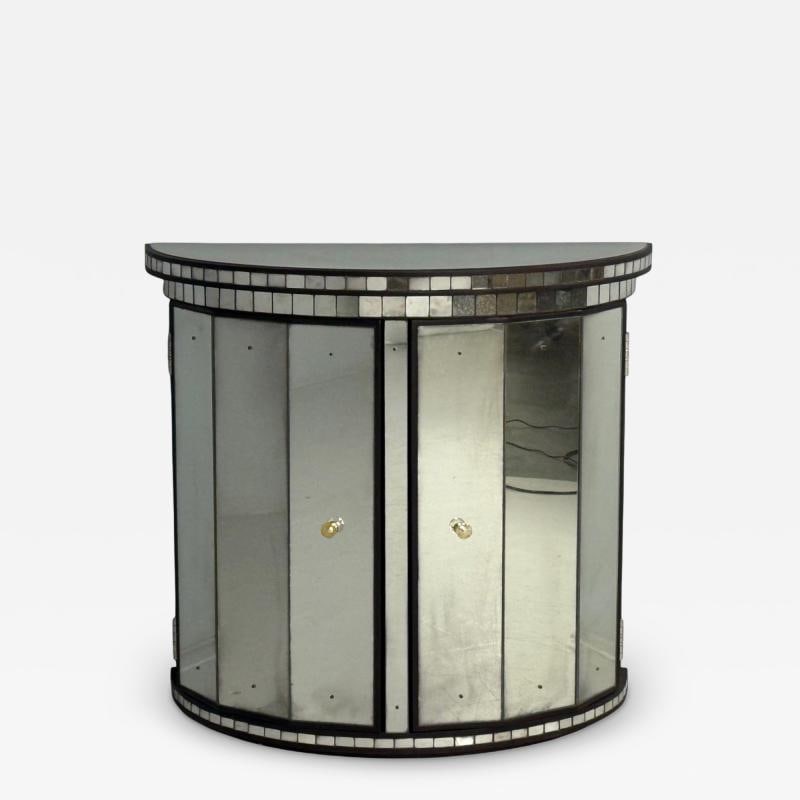 Hollywood Regency Style, Distressed Glass, Mirrored Demilune Cabinet: Title: Hollywood Regency Style, Distressed Glass, Mirrored Demilune Cabinet Description: Hollywood Regency Style, Distressed Glass, Painted Wood, Mirrored Demilune Cabinet A single Hollywood Regency