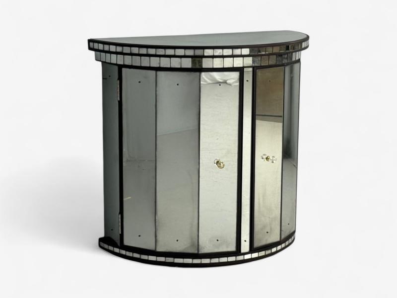 Hollywood Regency Style, Distressed Glass, Mirrored Demilune Cabinet - 2