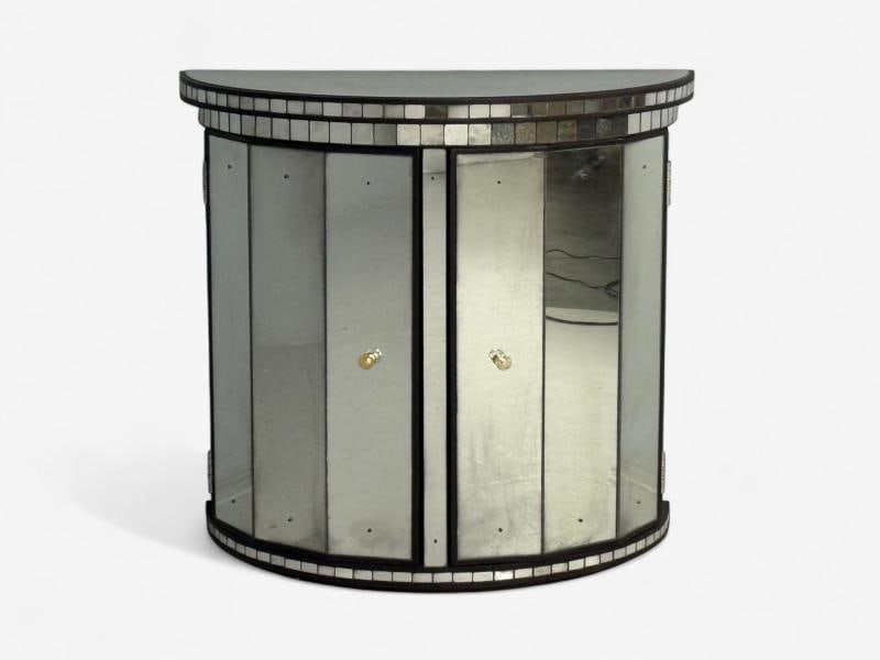 Hollywood Regency Style, Distressed Glass, Mirrored Demilune Cabinet - 3