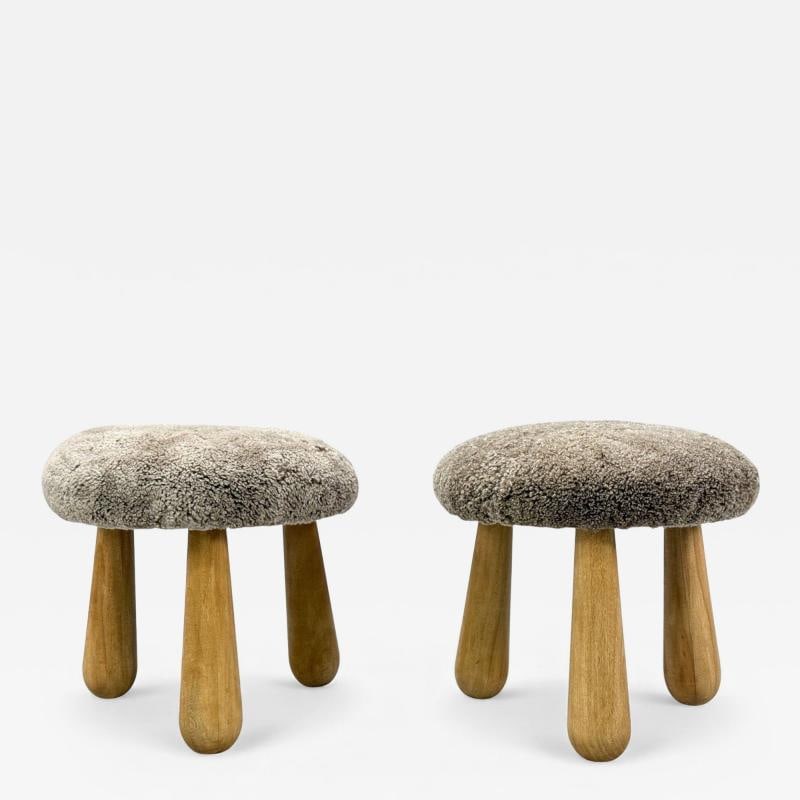 Danish Modern Style, Gray Sheepskin, Maple, Shearling Footstools, 21st c.: Title: Danish Modern Style, Gray Sheepskin, Maple, Shearling Footstools, 21st c. Description: Danish Modern Style, Gray Sahara Sheepskin, Maple, Shearling Footstools or Ottomans, USA, 21st c. A