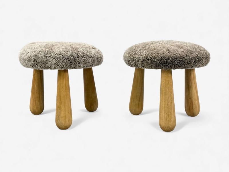 Danish Modern Style, Gray Sheepskin, Maple, Shearling Footstools, 21st c. - 2