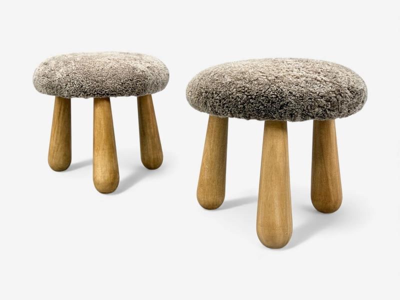 Danish Modern Style, Gray Sheepskin, Maple, Shearling Footstools, 21st c. - 3