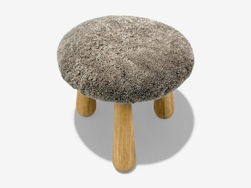 Danish Modern Style, Gray Sheepskin, Maple, Shearling Footstools, 21st c. - 5