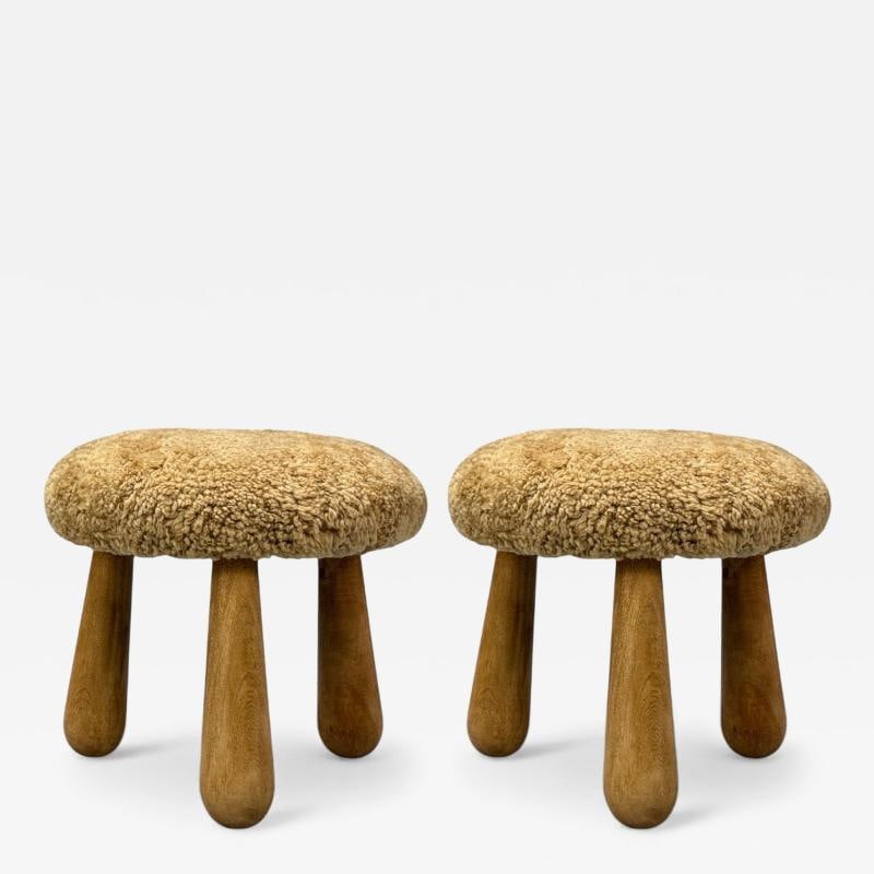 Danish Modern Style, Honey Sheepskin, Maple, Shearling Footstools, USA, 21st c.: Title: Danish Modern Style, Honey Sheepskin, Maple, Shearling Footstools, USA, 21st c. Description: Danish Modern Style, Honey Sheepskin, Maple, Shearling Footstools or Ottomans, USA, 21st c. A