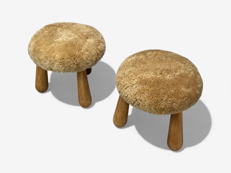 Danish Modern Style, Honey Sheepskin, Maple, Shearling Footstools, USA, 21st c. - 5