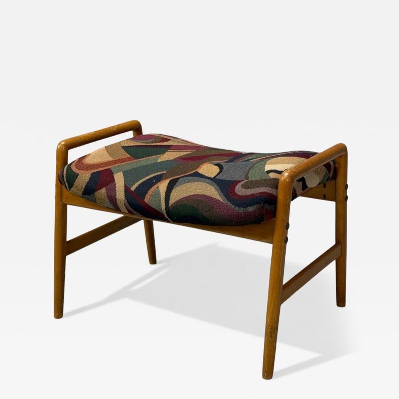 Danish Modern, Aztec Fabric, Light Stained Wood, Footstool, Denmark, 1950s: Title: Danish Modern, Aztec Fabric, Light Stained Wood, Footstool, Denmark, 1950s Description: Danish Mid-Century Modern, Aztec Fabric, Light Stained Wood, Footstool or Ottoman, Denmark, 1950s A