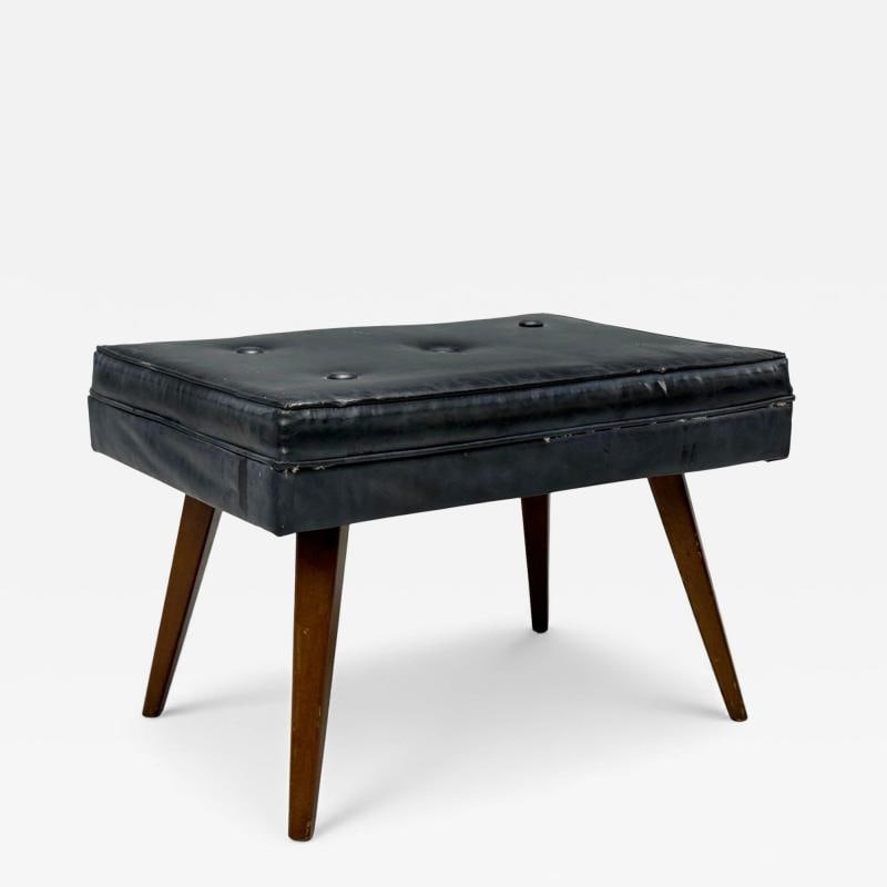 Danish Modern, Black Leatherette, Stained Wood, Footstool, Denmark, 1950s: Title: Danish Modern, Black Leatherette, Stained Wood, Footstool, Denmark, 1950s Description: Danish Modern, Black Leatherette, Stained Wood, Ottoman or Footstool, Denmark, 1950s A mid-century