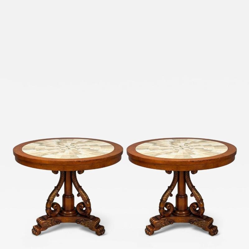 Regency Style, Pine, Stone, Accent Tables, USA, 20th c.: Title: Regency Style, Pine, Stone, Accent Tables, USA, 20th c. Description: Regency Style, Stained Pine, Beige Stone Top, Large Side Tables or Center Tables, USA, 20th c. Pair of large regency style