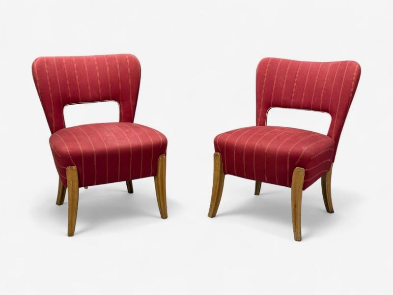 Pier Luigi Colli, Maple, Red Fabric, Low Lounge Chairs, Italy, 1950s - 2